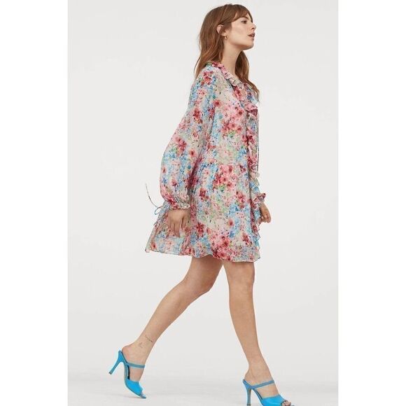 Chiffon Floral Print Dress Flounced - Picture 4 of 5